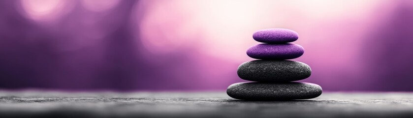 A serene stack of smooth stones in shades of black and purple against a soft, blurred purple background, symbolizing balance and tranquility.
