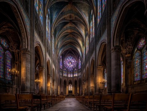 cathedral chancel view with the last rays of sunset blazing through stained glass windows, casting ruby and sapphire light across the empty pews and marble altar