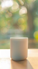 A simple white cup sits on a wooden surface with a blurred green background, capturing a serene and peaceful atmosphere.