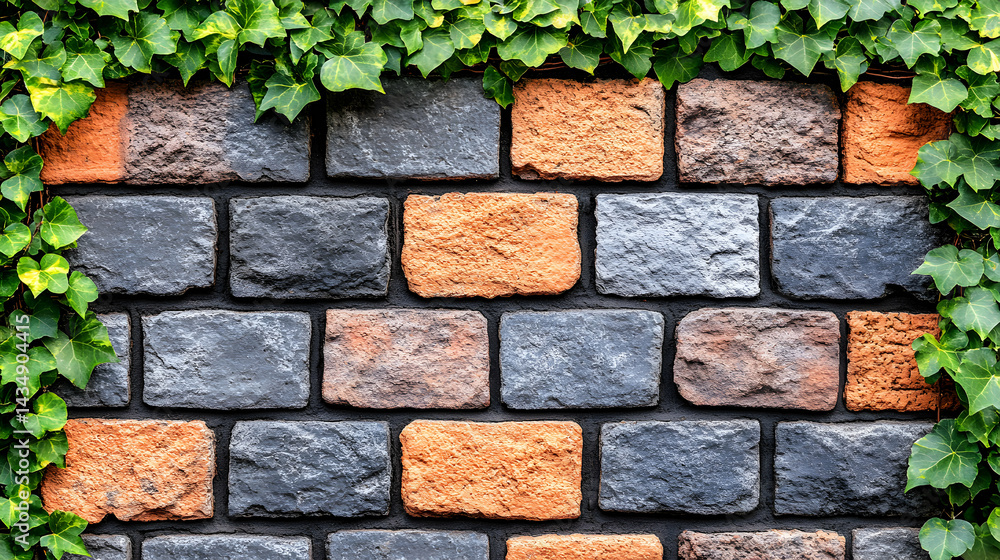 Poster stone wall texture with ivy. rustic, textured background image of a multicolored stone wall framed b