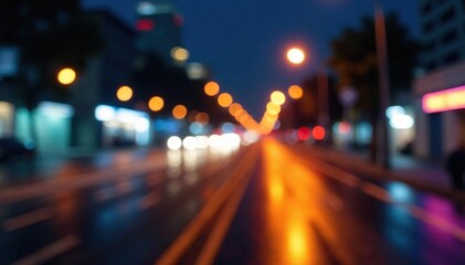 Abstract late-night city lights, blurred motion streaks , reflections, vibrant