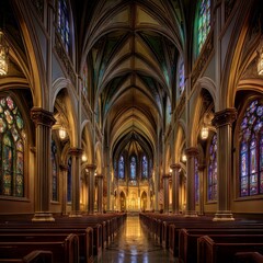 Obraz premium cathedral chancel view with the last rays of sunset blazing through stained glass windows, casting ruby and sapphire light across the empty pews and marble altar