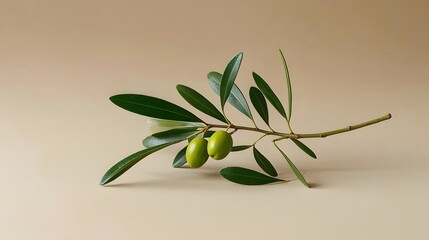 A delicate olive branch with small green leaves and olives, carefully placed on a minimalist beige background