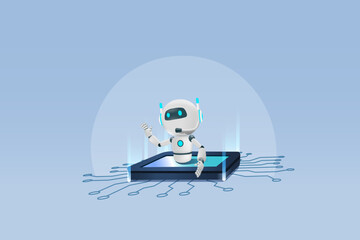 AI chat robot on circuit board. Artificial intelligence technology revolution and development, machine learning. Implement of robotic science research technology in business. 3D vector.