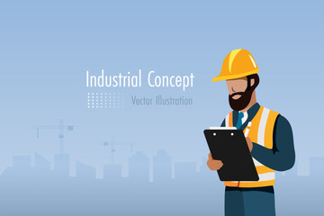 Engineering worker writing on check list board with construction building and crane background. Industrial, construction and safety first concept. Vector.