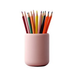 An assortment of colorful pencils in a soft pink container