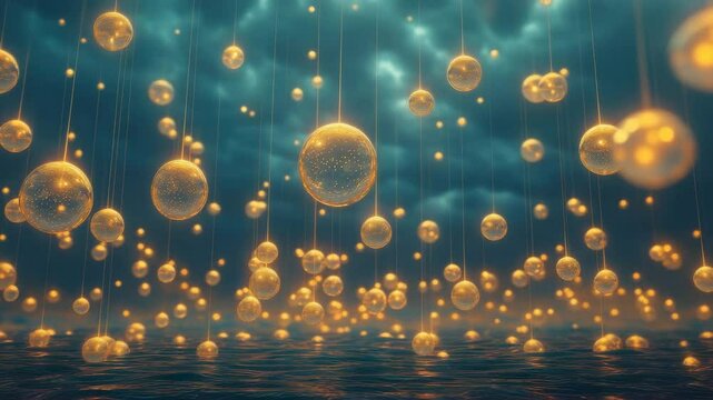 a beautiful surreal illustration of orbs floating in a vast ethereal expanse. The orbs are a warm golden color, glowing softly and creating a mesmerizing and calming atmosphere.