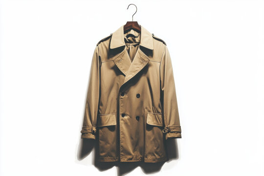 Trench coat on hanger against urban street backdrop.