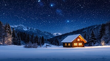 A peaceful mountain cabin bathed in starlight on a winter's night.