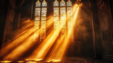 Intense golden light beams through stained glass windows in a dark church.
