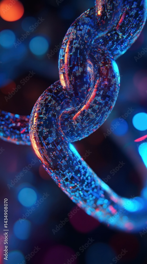 Poster abstract glowing blue chain links with digital particles.