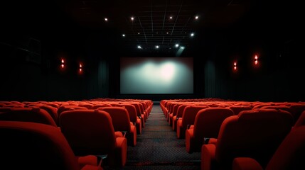 People in the cinema auditorium with Cinema blank wide screen and red chairs in the cinema hall,People silhouettes watching movie performance,empty white screen,space for text,copy space.