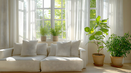 Sunlit living room with a white sofa, sheer curtains, and potted plants by a large window. Peaceful and relaxing home interior.