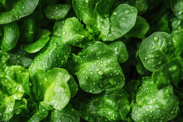 Green leaves with water droplets, glistening in the sunlight, creating a fresh and vibrant natural scene.