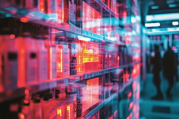 A wall of data servers humming in a data center, cables neatly organized, blinking lights illuminating the room, hinting at digital activity.
