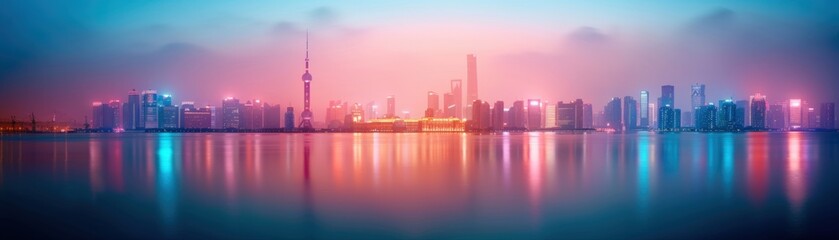 A stunning panoramic view of a vibrant city skyline at dusk, showcasing illuminated skyscrapers reflecting on water.
