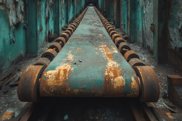 Long metal pipe in old factory, surrounded by rusted machinery and dim lighting, showcasing industrial history and decay.