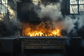 Fire burns in a factory, smoke billowing out, orange flames consuming the building. Firefighters in action, hoses aimed at the inferno.
