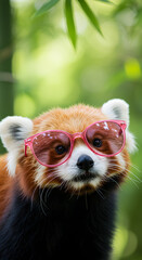 Fototapeta premium Red Panda in Pink Sunglasses: A Whimsical Wildlife Portrait