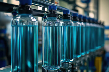 Row of blue liquid bottles on conveyor belt in a factory, ready for packaging and distribution.