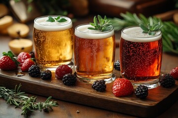 Craft beer tasting flight with berries