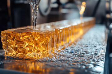 Glass filled with ice and water on a wooden table, with a slice of lemon placed on the rim against a blurred background with soft lighting.