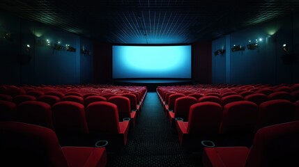 People in the cinema auditorium with Cinema blank wide screen and red chairs in the cinema hall,People silhouettes watching movie performance,empty white screen,space for text,copy space.