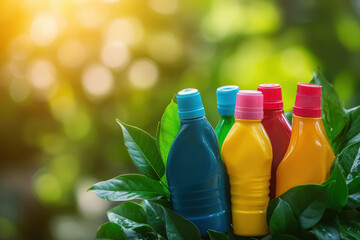 plastic bottles against a backdrop of green leaves.