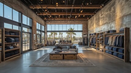 Fototapeta premium Modern Retail Space with Industrial Design, showcasing clothing apparel on wooden shelves, large windows overlook palm trees and a sunny day