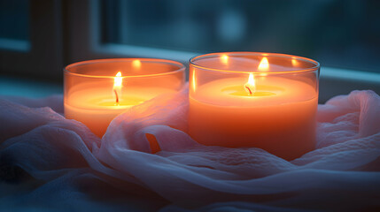 Two lit candles on sheer fabric near a window at night; warm, peaceful, and comforting ambiance.