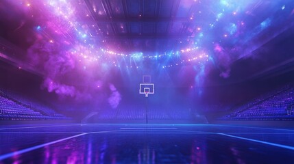 Empty basketball arena with vibrant purple and blue lighting effects and smoke.