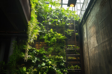 Green wall in a building, plants thriving.