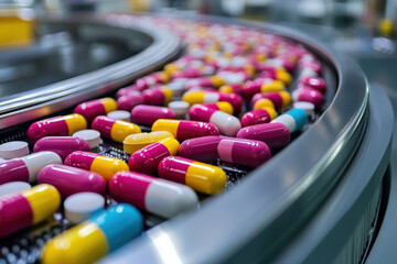 A conveyor belt with colorful pills moving along, against a sterile white background.