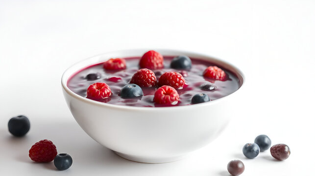 A vibrant, acai berry bowl, its smooth surface glistening under the soft glow, sits majestically against a pristine white backdrop, inviting the beholder to indulge in its healthy and delicious