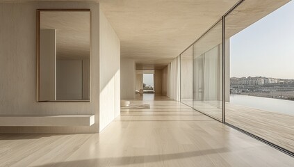 Fototapeta premium Modern, minimalist interior hallway with expansive views.