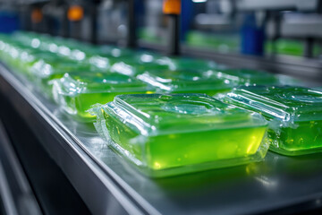 Children playing soccer in a park with green plastic bags tied up in the trees, symbolizing an eco-friendly match and sustainability awareness.