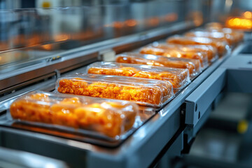 Waiter holding trays of gourmet food in a fine-dining restaurant. Elegantly set table with wine glasses and ambient lighting in the background.