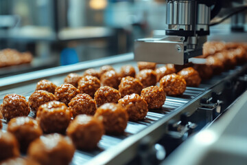 Machine making donuts in factory; conveyor belt transports dough; robotic arms shape and fry; workers package finished products.