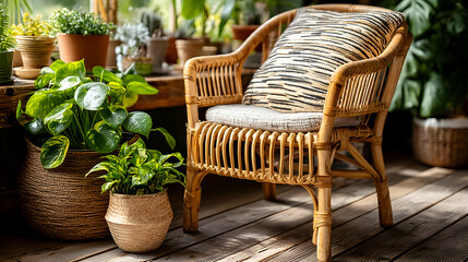 Obraz premium Relaxing sunlit conservatory scene with rattan armchair, potted plants, and natural wooden floor. Perfect for home decor, wellness, and lifestyle projects.