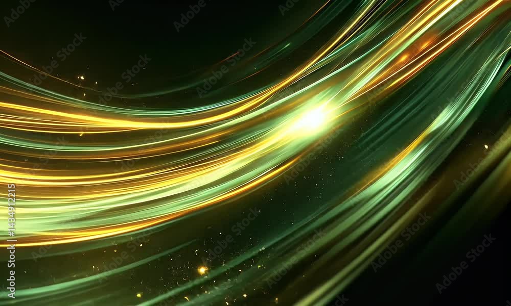 Poster a background of golden and green light streaks, creating an elegant and futuristic atmosphere. the s