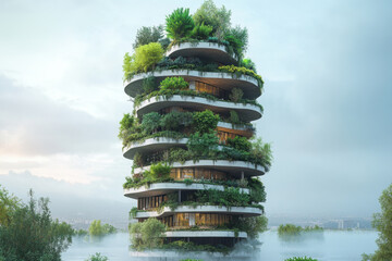 A tall tower with plants growing on top, against a clear blue sky.