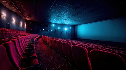 Naklejka premium People in the cinema auditorium with Cinema blank wide screen and red chairs in the cinema hall,People silhouettes watching movie performance,empty white screen,space for text,copy space.