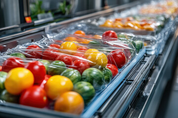 Row of fresh tomatoes in plastic bags at a farmer's market, vibrant red and green colors, neatly lined up, sunlight casting shadows.