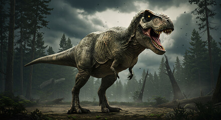 Tyrannosaurus Rex Roaming Prehistoric Forest Under Stormy Skies