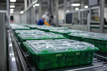 Carrying plastic containers on a conveyor belt in a factory setting.
