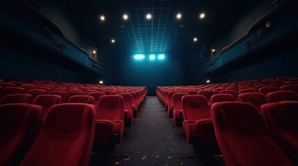 People in the cinema auditorium with Cinema blank wide screen and red chairs in the cinema hall,People silhouettes watching movie performance,empty white screen,space for text,copy space.
