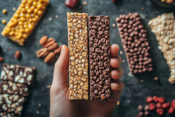 Hand holding a chocolate bar with nuts and almonds, against a rustic wooden background.