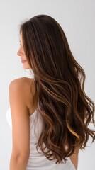 Naklejka premium Beautiful model girl with Brown hair strand,silky healthy chestnut wavy hair strand,hair wavy ribbon, with smooth,Keratin straightening,Treatment,straight long hair,procedures,Smooth hairstyle.