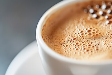 A close-up of a frothy coffee cup, showcasing rich bubbles and creamy texture, inviting warmth and comfort.
