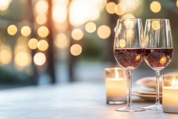 Two elegant wine glasses filled with red wine, surrounded by soft candlelight and blurred bokeh, creating a warm and inviting atmosphere.